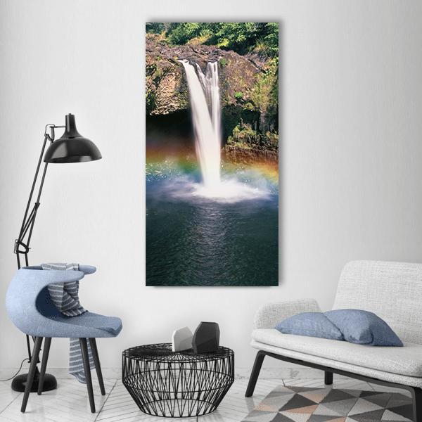 Hawaii Rainbow Falls Vertical Canvas Wall Art in gray, green and blue, single vertical panel hung on a wall