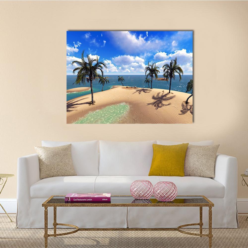 Hawaiian Tropical Beach with Palm Trees Canvas Wall Art in beige, green and blue, single panel hung on a wall