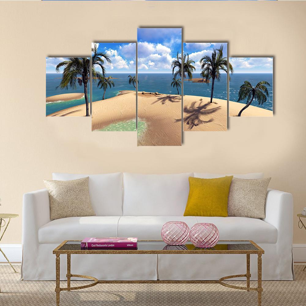 Hawaiian Tropical Beach with Palm Trees Canvas Wall Art in beige, green and blue, 5 panel Star layout hung on a wall