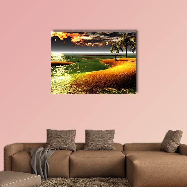 Stormy Tropical Sunset with Palm Trees Canvas Wall Art in orange, yellow and green, single panel hung on a wall
