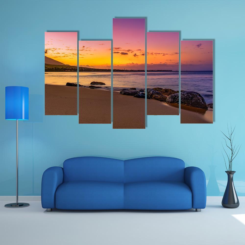 Hawaiian Sunset On Beach Canvas Wall Art-5 Pop-Gallery Wrap-47" x 32"-Tiaracle