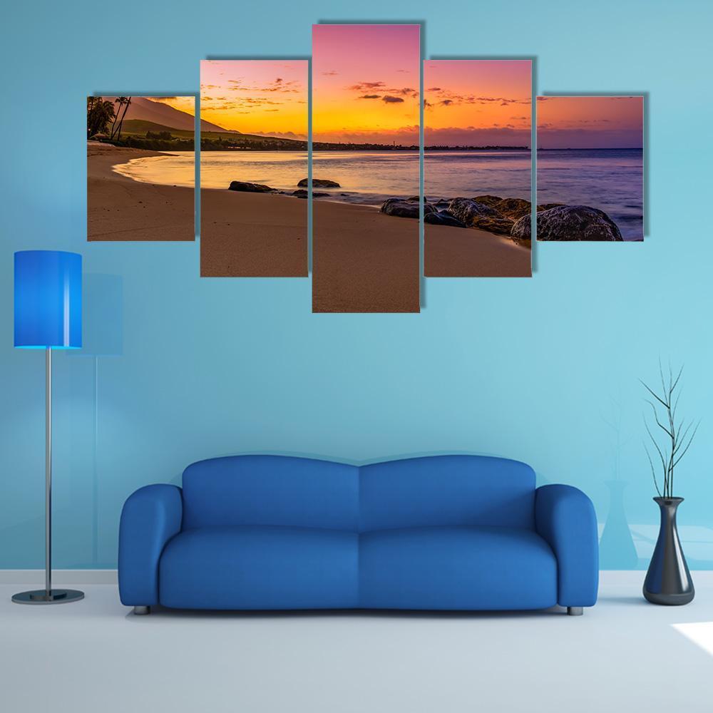 Hawaiian Sunset On Beach Canvas Wall Art-5 Star-Gallery Wrap-62" x 32"-Tiaracle