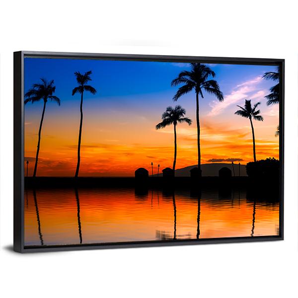 Hawaiian Sunset With Palm Trees Canvas Wall Art-3 Horizontal-Gallery Wrap-25" x 16"-Tiaracle