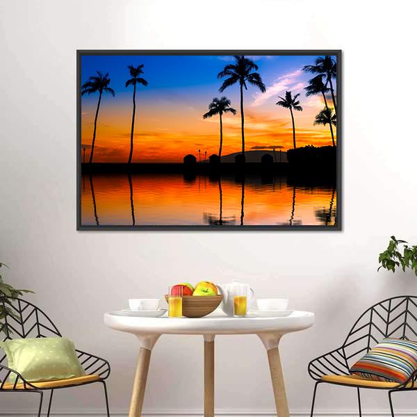 Hawaiian Sunset With Palm Trees Canvas Wall Art-3 Horizontal-Gallery Wrap-25" x 16"-Tiaracle