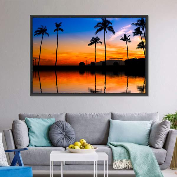 Hawaiian Sunset With Palm Trees Canvas Wall Art-3 Horizontal-Gallery Wrap-25" x 16"-Tiaracle