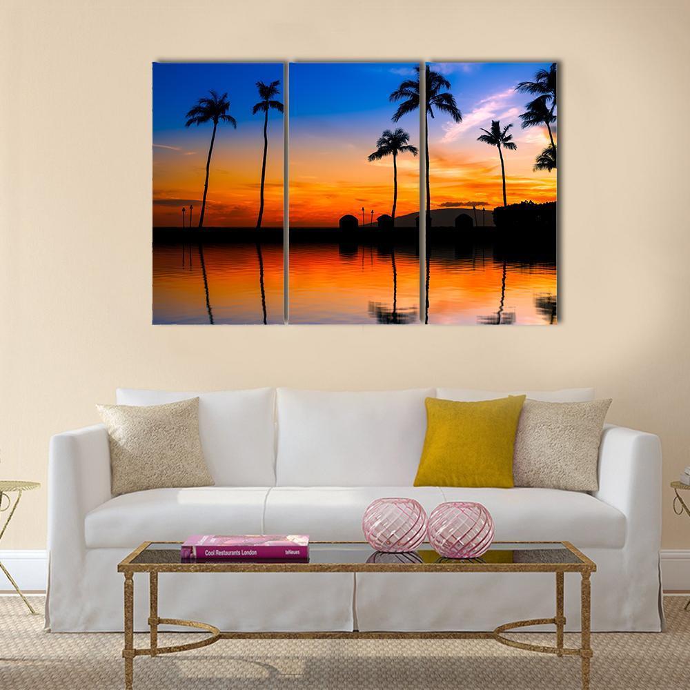 Hawaiian Sunset With Palm Trees Canvas Wall Art-3 Horizontal-Gallery Wrap-37" x 24"-Tiaracle