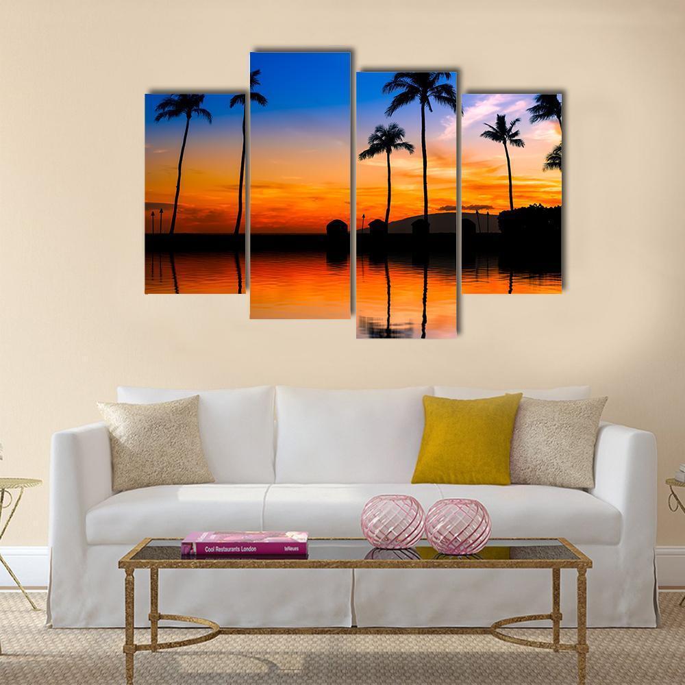 Hawaiian Sunset With Palm Trees Canvas Wall Art-4 Pop-Gallery Wrap-50" x 32"-Tiaracle