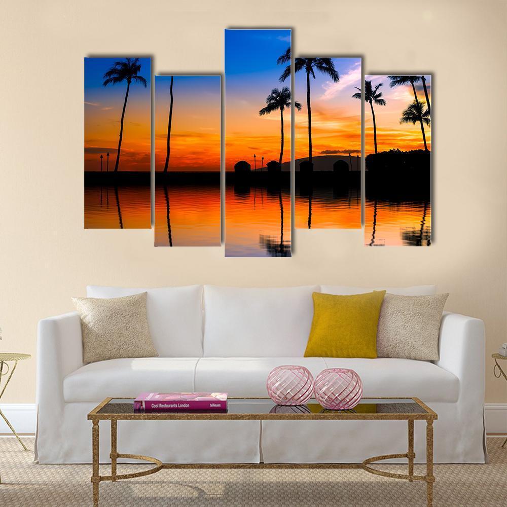Hawaiian Sunset With Palm Trees Canvas Wall Art-5 Pop-Gallery Wrap-47" x 32"-Tiaracle
