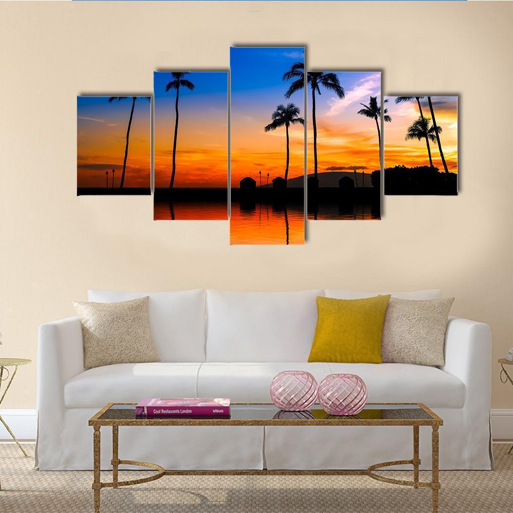 Hawaiian Sunset With Palm Trees Canvas Wall Art-5 Star-Gallery Wrap-62" x 32"-Tiaracle