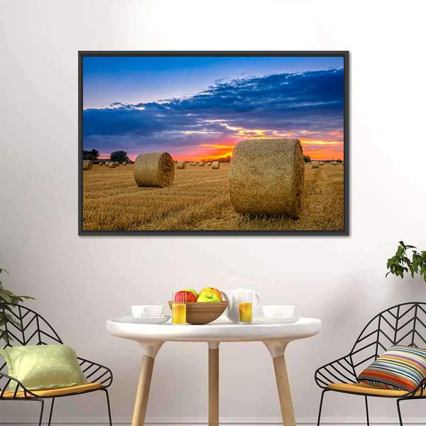 Hay Bale In Field Canvas Wall Art-1 Piece-Floating Frame-36" x 24"-Tiaracle
