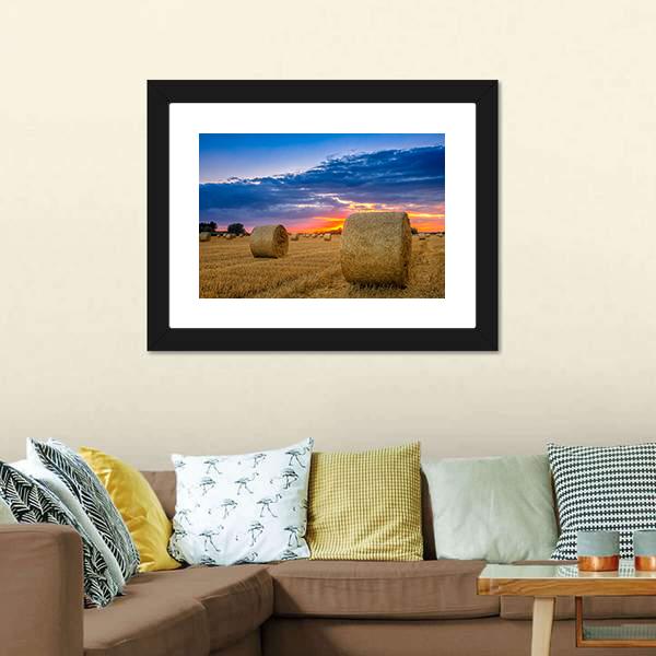 Hay Bale In Field Canvas Wall Art-1 Piece-Framed Print-30" x 20"-Tiaracle