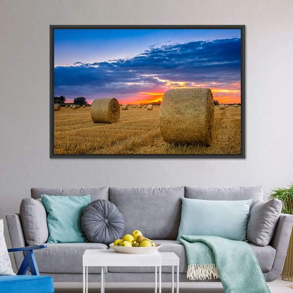Hay Bale In Field Canvas Wall Art-3 Horizontal-Gallery Wrap-25" x 16"-Tiaracle