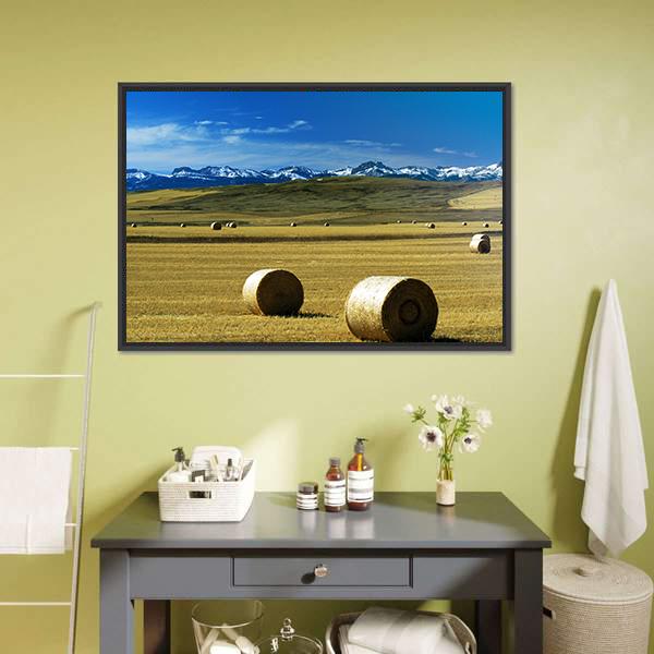 Hay Bales On A Field Canvas Wall Art-1 Piece-Floating Frame-24" x 16"-Tiaracle