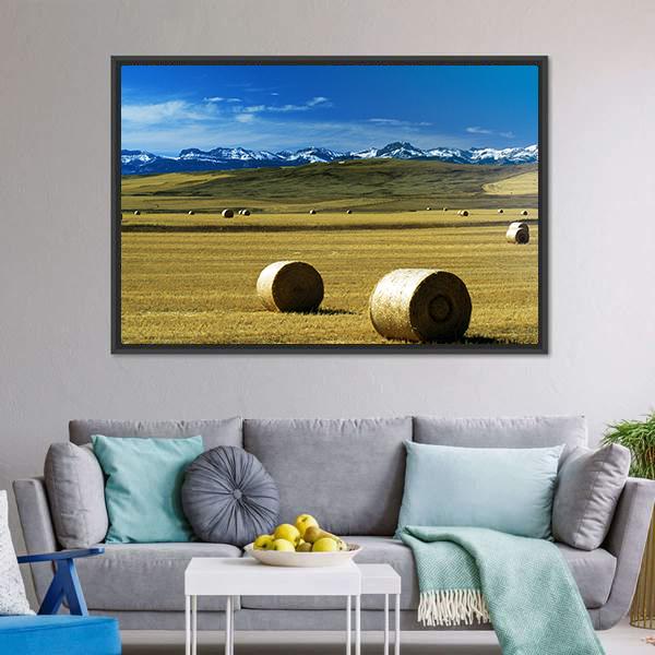 Hay Bales On A Field Canvas Wall Art-5 Horizontal-Gallery Wrap-22" x 12"-Tiaracle