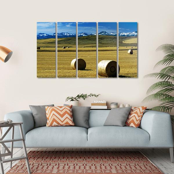 Hay Bales On A Field Canvas Wall Art-5 Horizontal-Gallery Wrap-22" x 12"-Tiaracle