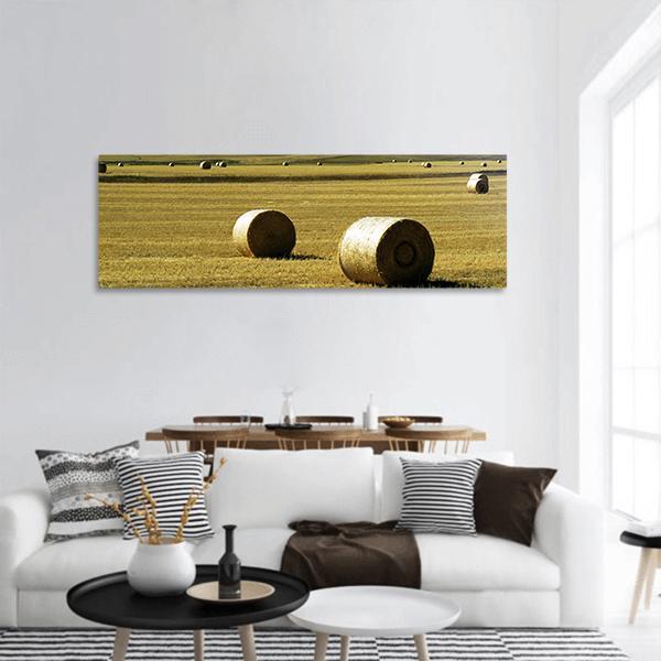 Hay Bales On A Field Panoramic Canvas Wall Art-1 Piece-36" x 12"-Tiaracle