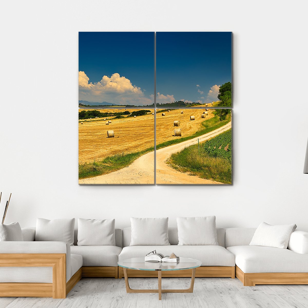 Hay Bales On Harvested Field Canvas Wall Art-4 Square-Gallery Wrap-17" x 17"-Tiaracle