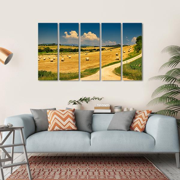 Hay Bales On Harvested Field Canvas Wall Art-5 Horizontal-Gallery Wrap-22" x 12"-Tiaracle