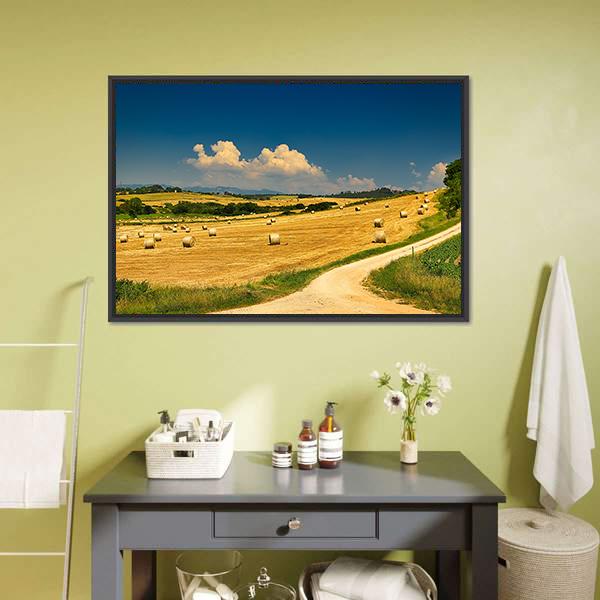 Hay Bales On Harvested Field Canvas Wall Art-1 Piece-Floating Frame-24" x 16"-Tiaracle