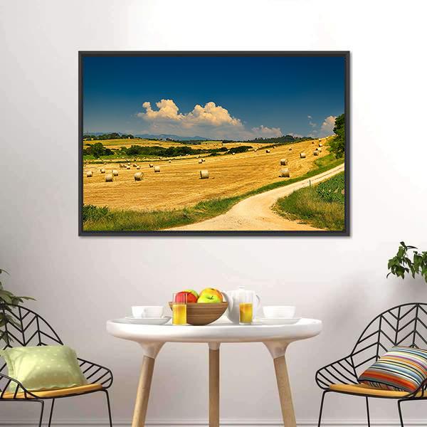 Hay Bales On Harvested Field Canvas Wall Art-5 Horizontal-Gallery Wrap-22" x 12"-Tiaracle