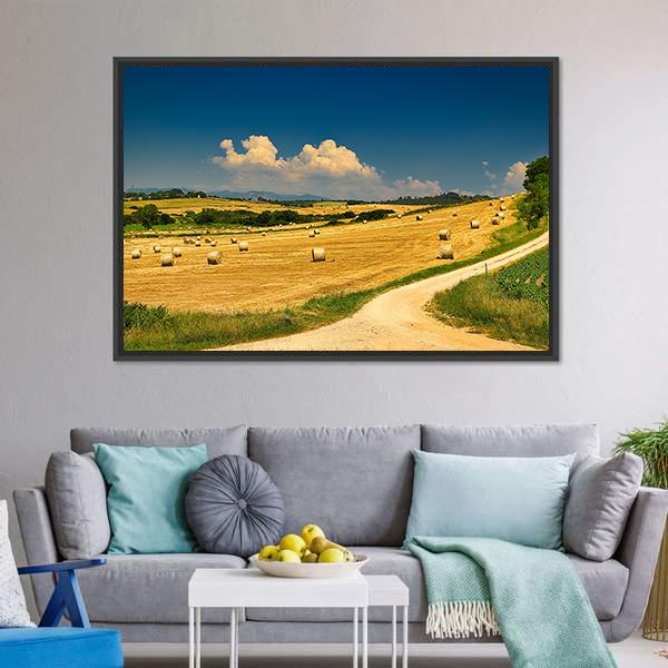 Hay Bales On Harvested Field Canvas Wall Art-5 Horizontal-Gallery Wrap-22" x 12"-Tiaracle