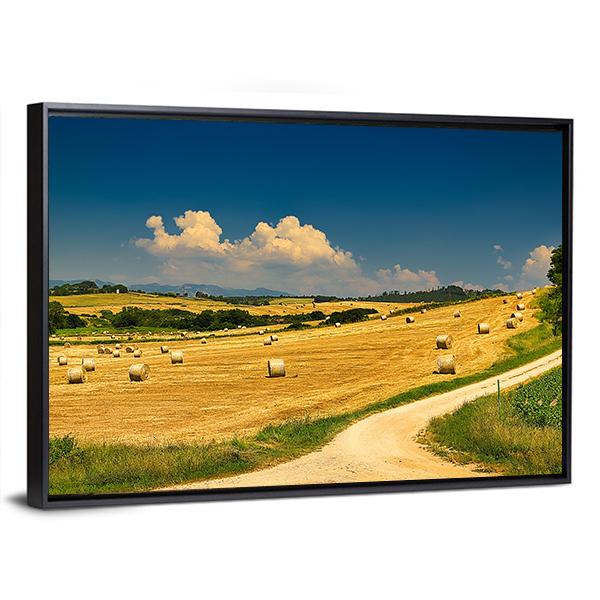 Hay Bales On Harvested Field Canvas Wall Art-5 Horizontal-Gallery Wrap-22" x 12"-Tiaracle
