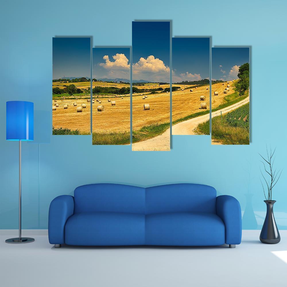 Hay Bales On Harvested Field Canvas Wall Art-5 Pop-Gallery Wrap-47" x 32"-Tiaracle