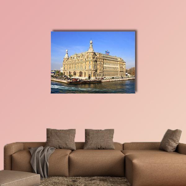 Haydarpasa Station Istanbul Canvas Wall Art in beige, brown and blue, single panel hung on a wall