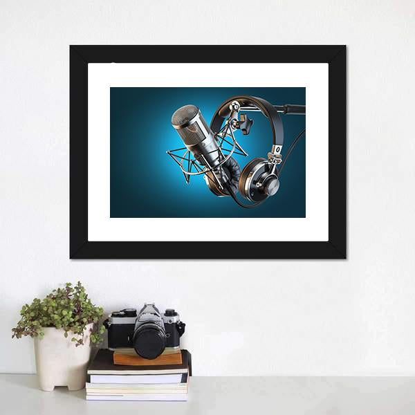 Headphones On Microphone Stand Canvas Wall Art-1 Piece-Framed Print-20" x 16"-Tiaracle