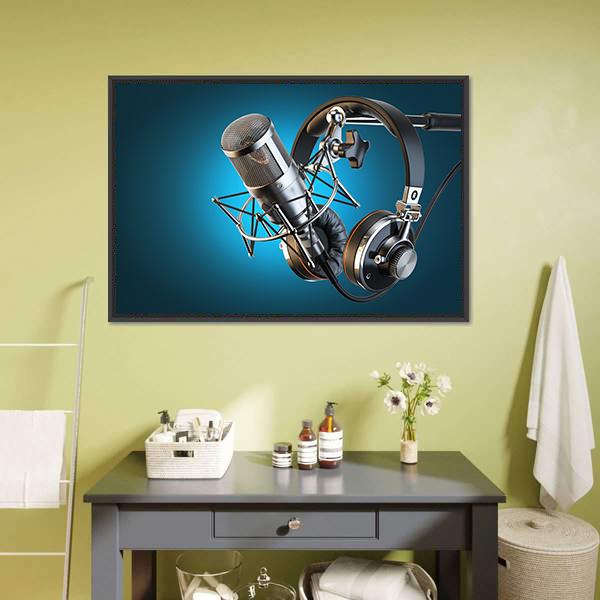 Headphones On Microphone Stand Canvas Wall Art-1 Piece-Floating Frame-24" x 16"-Tiaracle
