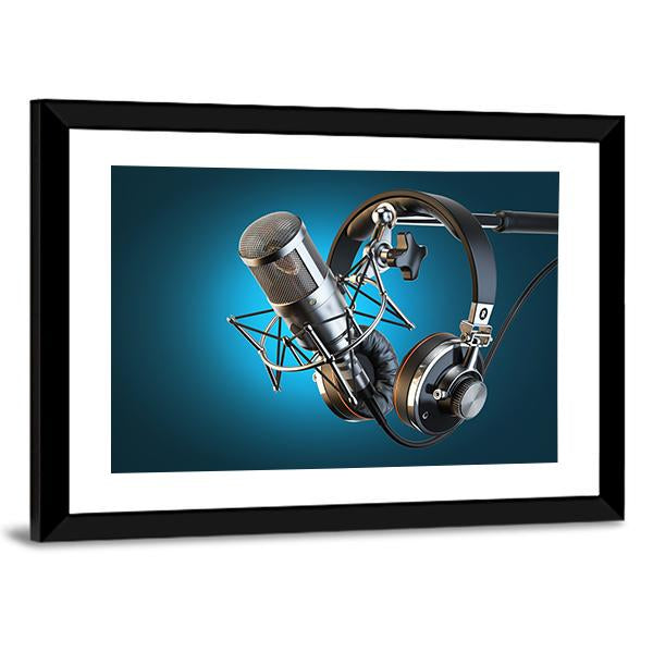 Headphones On Microphone Stand Canvas Wall Art-3 Horizontal-Gallery Wrap-25" x 16"-Tiaracle