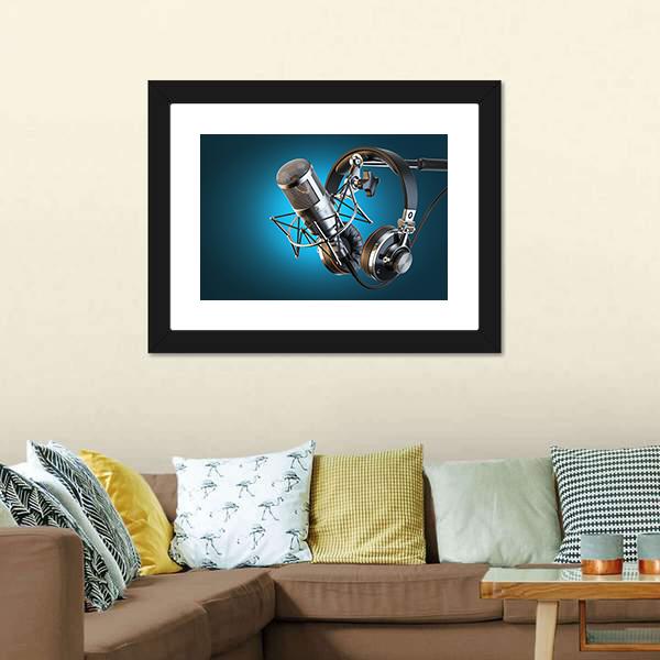 Headphones On Microphone Stand Canvas Wall Art-3 Horizontal-Gallery Wrap-25" x 16"-Tiaracle