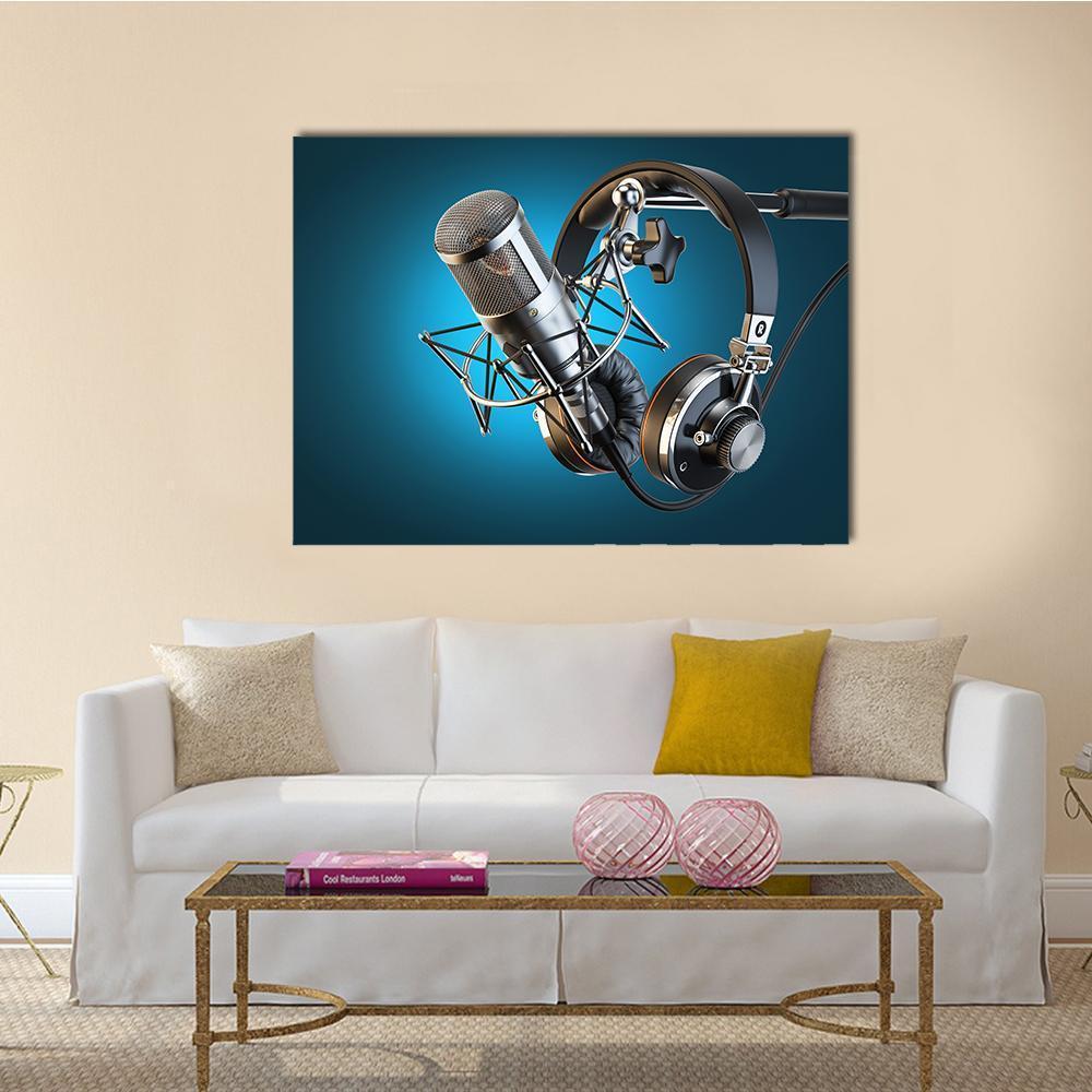 Headphones on Microphone Stand Canvas Wall Art in black, silver and blue, single panel hung on a wall