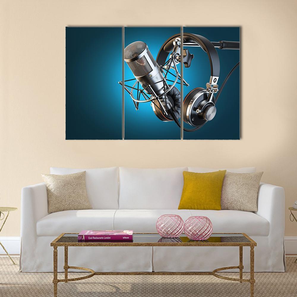 Headphones On Microphone Stand Canvas Wall Art-3 Horizontal-Gallery Wrap-37" x 24"-Tiaracle