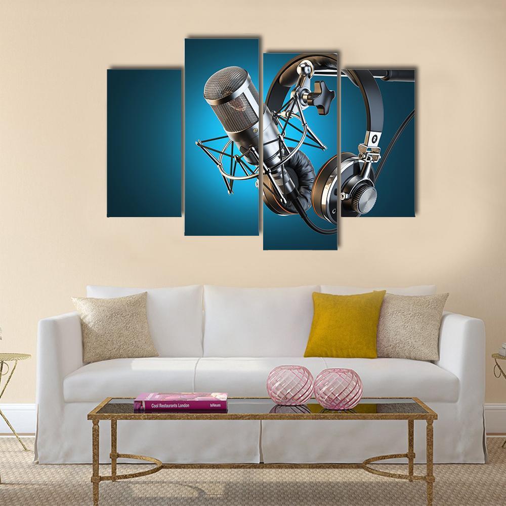 Headphones On Microphone Stand Canvas Wall Art-4 Pop-Gallery Wrap-50" x 32"-Tiaracle