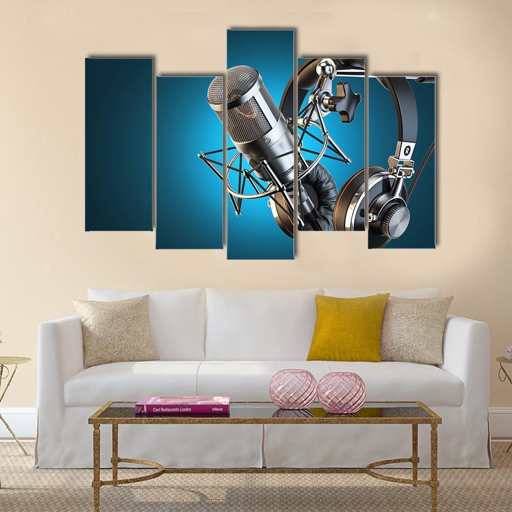 Headphones On Microphone Stand Canvas Wall Art-5 Pop-Gallery Wrap-47" x 32"-Tiaracle
