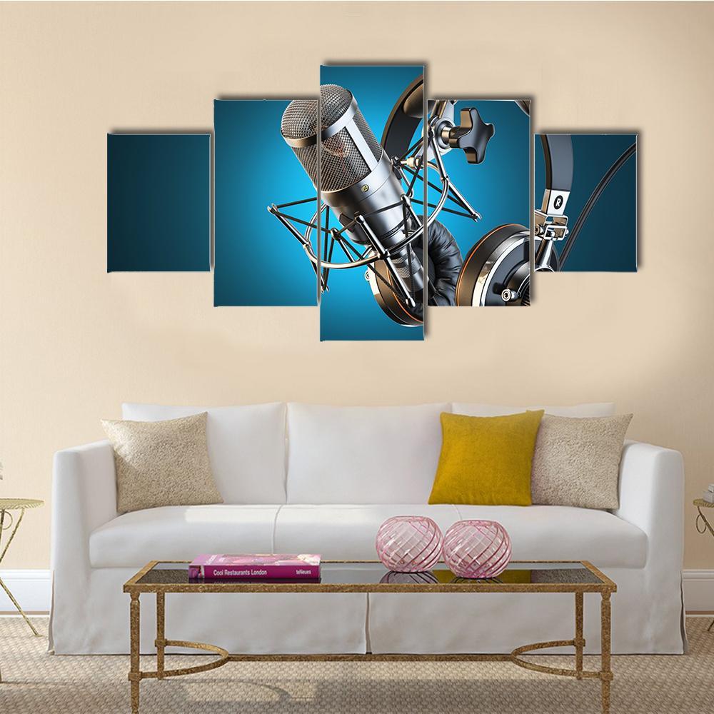 Headphones On Microphone Stand Canvas Wall Art-5 Star-Gallery Wrap-62" x 32"-Tiaracle