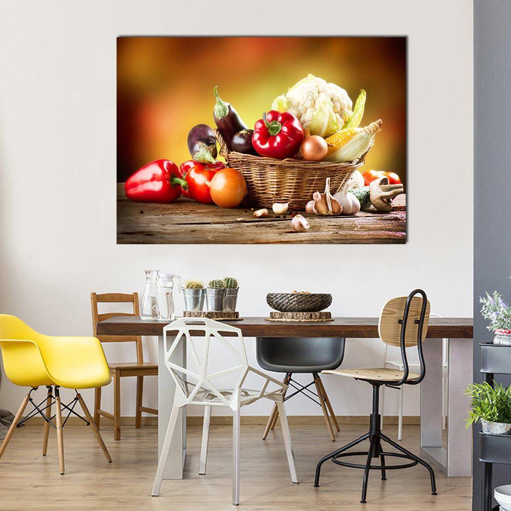 Healthy Organic Vegetables Canvas Wall Art in brown, red and yellow, single panel hung on a wall
