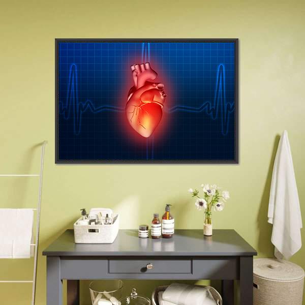 Glowing Anatomical Heart with Ecg Overlay Canvas Wall Art in red and blue, framed canvas, product view on a white background