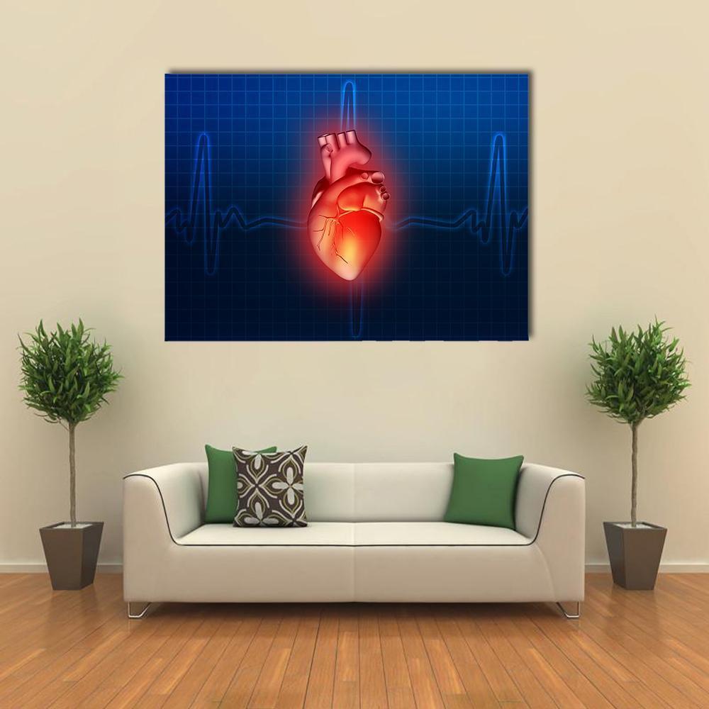 Glowing Anatomical Heart with Ecg Overlay Canvas Wall Art in red and blue, single panel hung on a wall