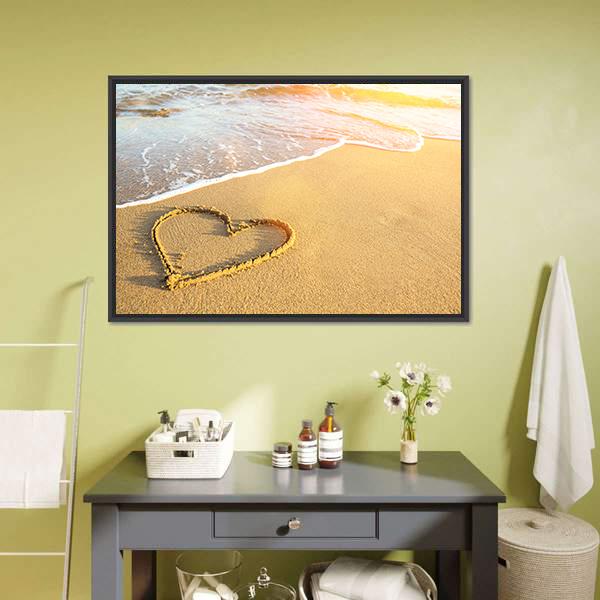 Heart Drawn On Sand Canvas Wall Art-1 Piece-Floating Frame-24" x 16"-Tiaracle