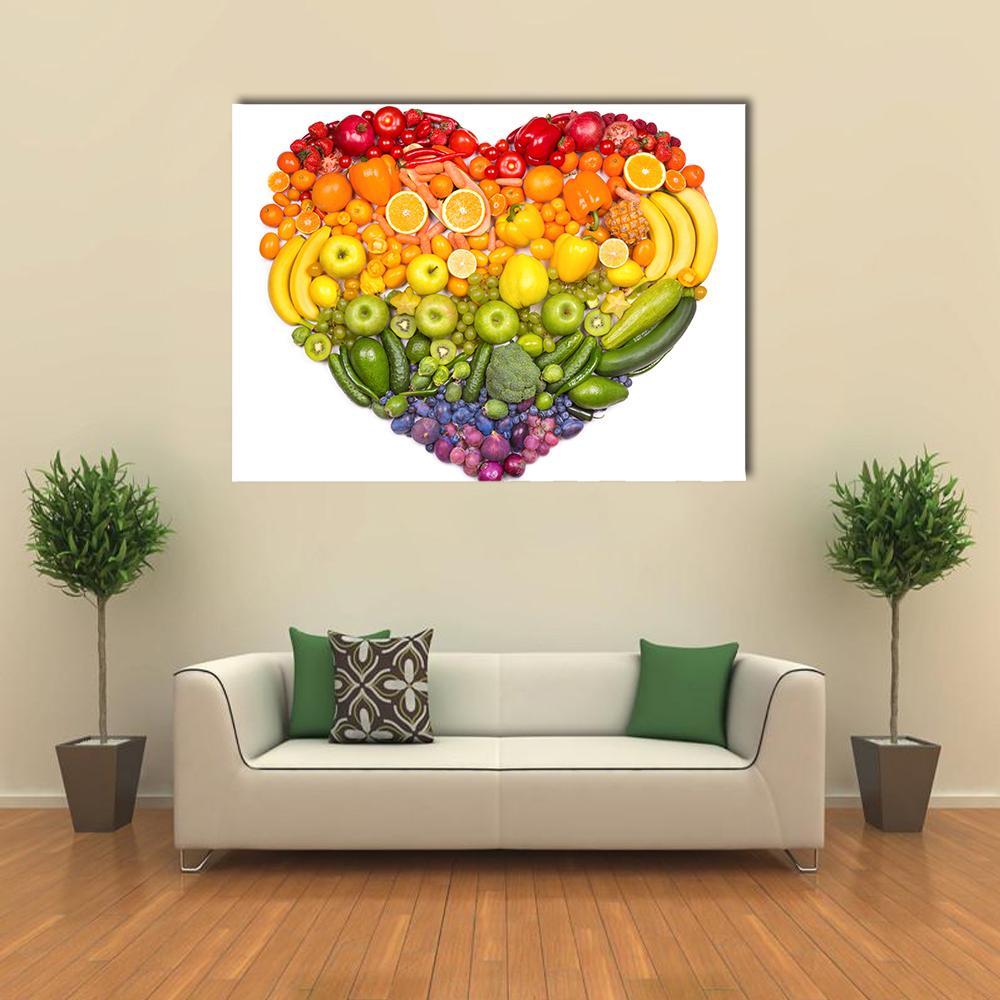 Heart of Fruits and Vegetables Canvas Wall Art in white and multicolor, single panel hung on a wall