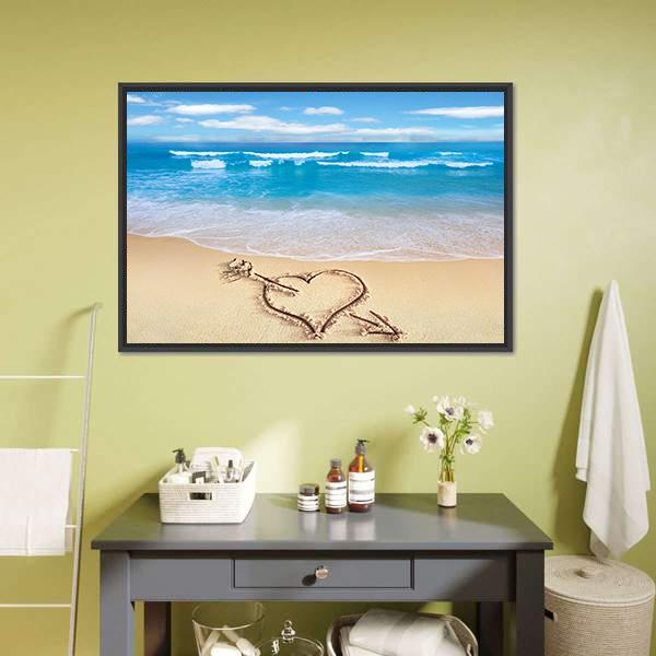 Heart On Beach Shore Canvas Wall Art-1 Piece-Floating Frame-36" x 24"-Tiaracle