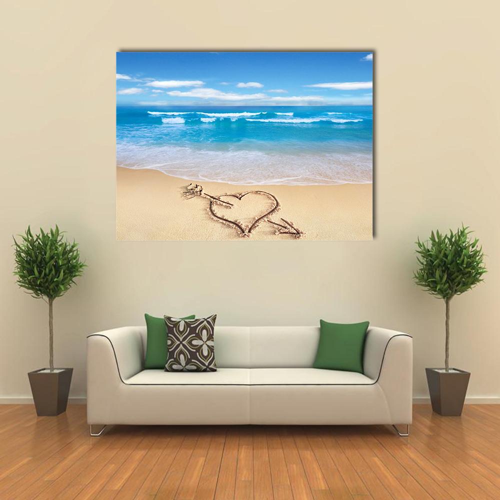 Heart On Beach Shore Canvas Wall Art-4 Horizontal-Gallery Wrap-34" x 24"-Tiaracle