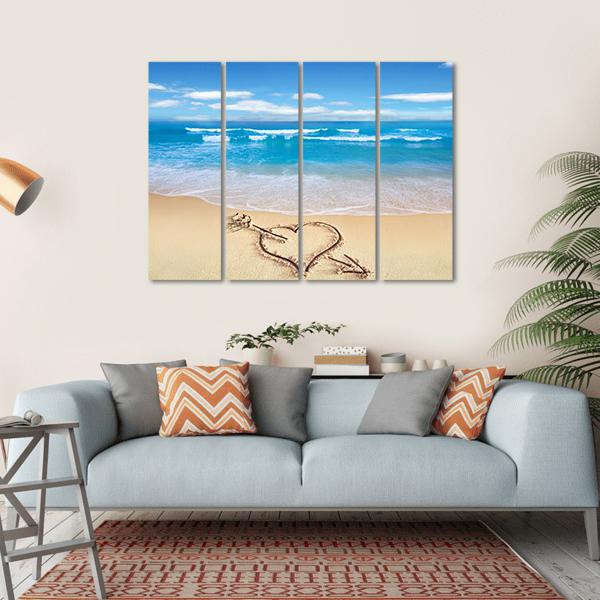 Heart On Beach Shore Canvas Wall Art-4 Horizontal-Gallery Wrap-34" x 24"-Tiaracle