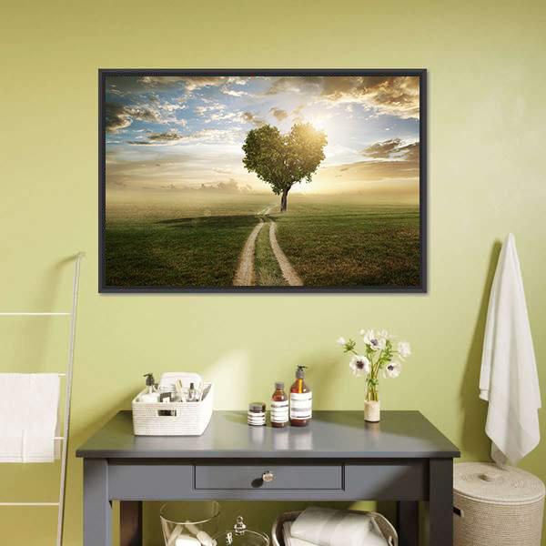 Heart Shaped Tree at Sunset Canvas Wall Art in yellow, green and blue, framed canvas, product view on a white background