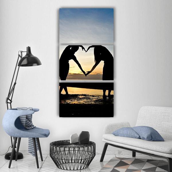 Girls Made Heart On Beach Vertical Canvas Wall Art-3 Vertical-Gallery Wrap-12" x 25"-Tiaracle