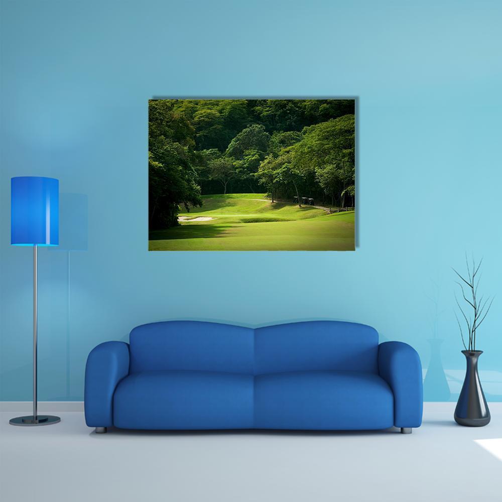 Forested Golf Fairway with Bunker Canvas Wall Art in beige and green, single panel hung on a wall