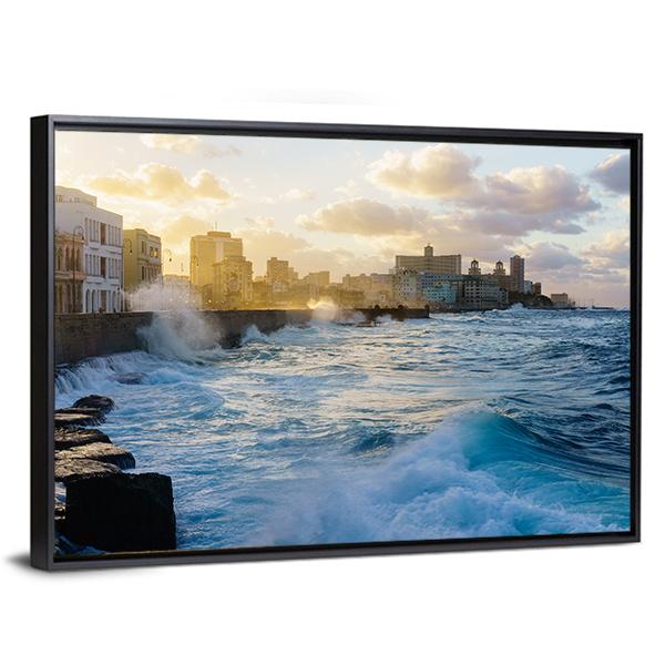 Heavy Swell In Havana Seafront Canvas Wall Art-3 Horizontal-Gallery Wrap-25" x 16"-Tiaracle