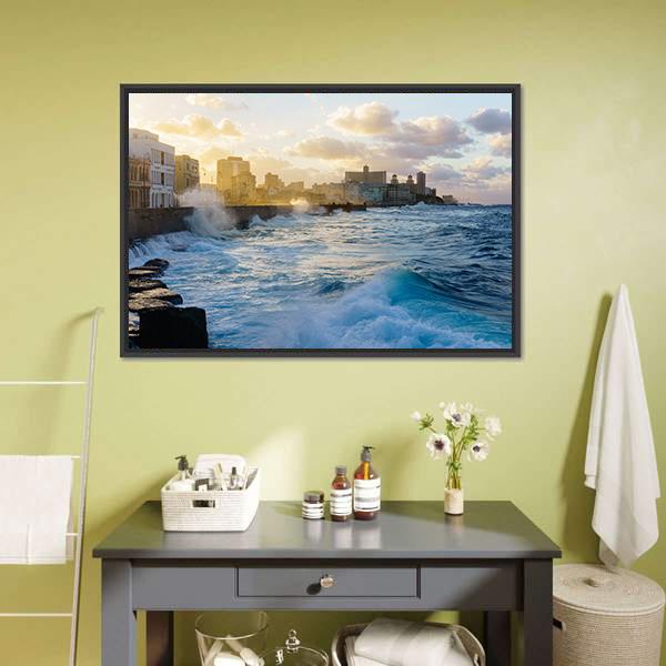 Heavy Swell In Havana Seafront Canvas Wall Art-1 Piece-Floating Frame-24" x 16"-Tiaracle